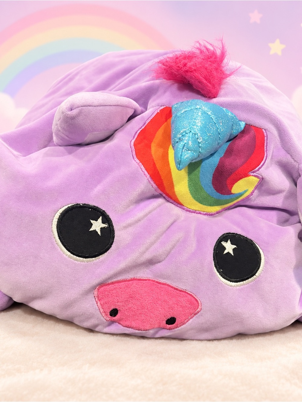Purple Moosh Moosh Unicorn Plush Toy with Rainbow Mane and Blue Sparkle Horn